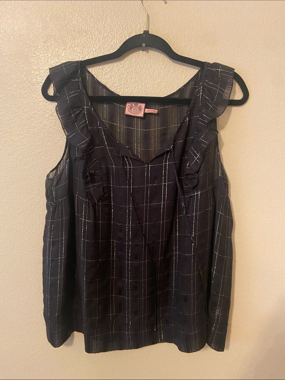 Juicy Couture Windowpane Grid Silver Plaid Sheer Blouse
